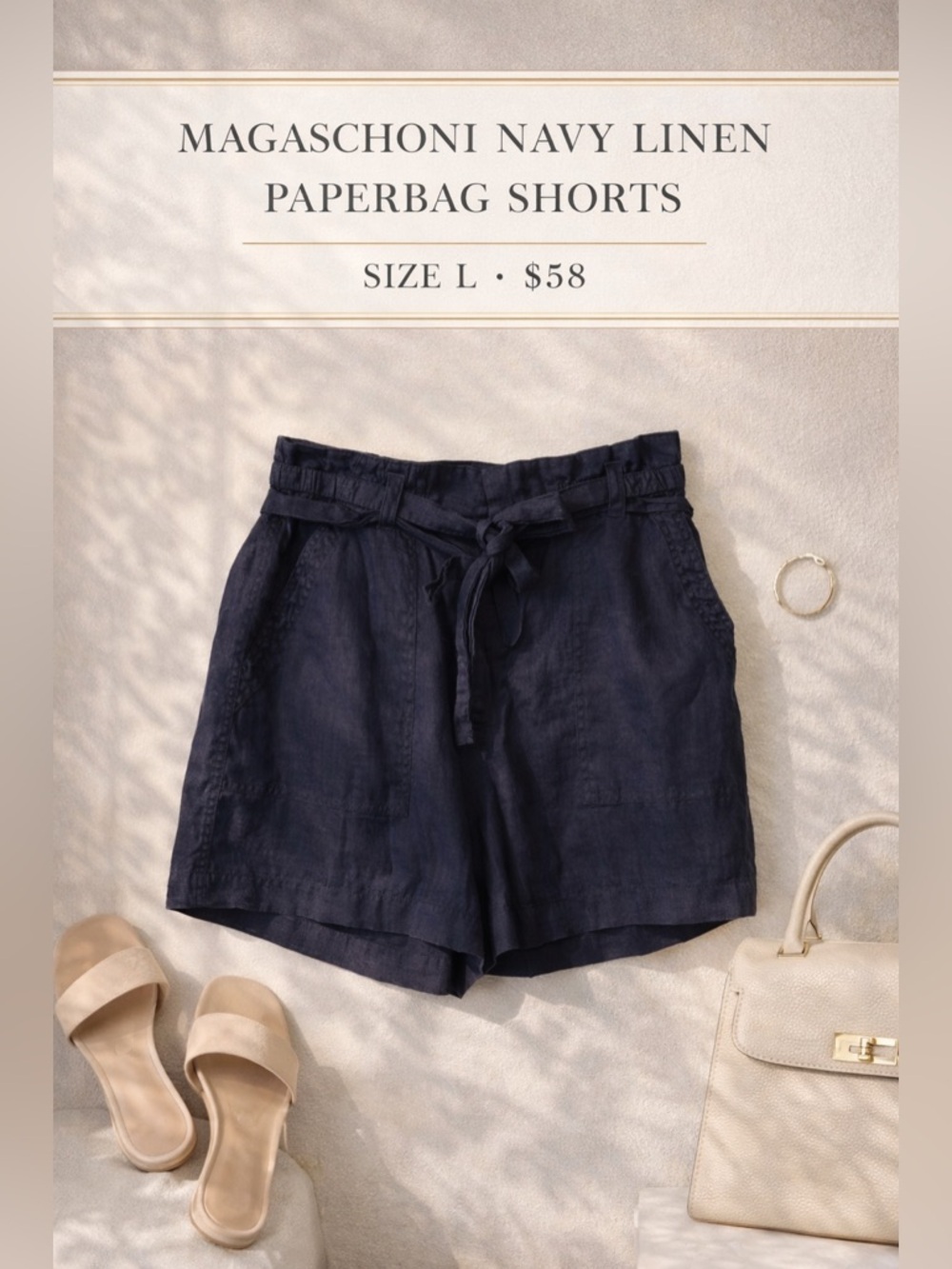 Magaschoni Navy Linen Paperbag Waist Shorts Size L